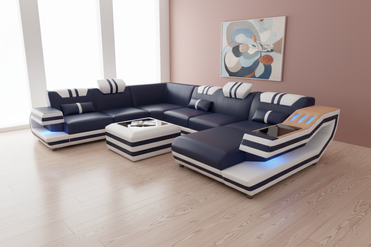 Aura Sectional Navy Blue Tan